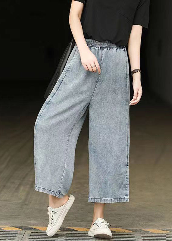 Lässige hellblaue elastische Taille seitlich offen Denim Crop Pants Sommer BV087