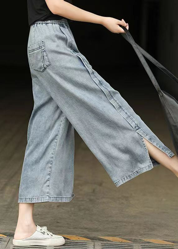 Lässige hellblaue elastische Taille seitlich offen Denim Crop Pants Sommer BV087