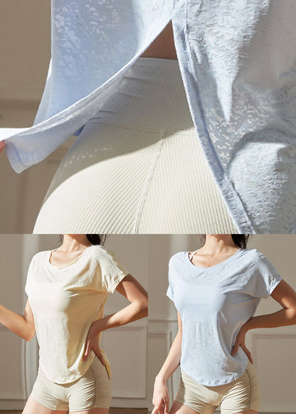 O-Ausschnitt Top kurz blau Yoga Casual Ärmel solide Licht