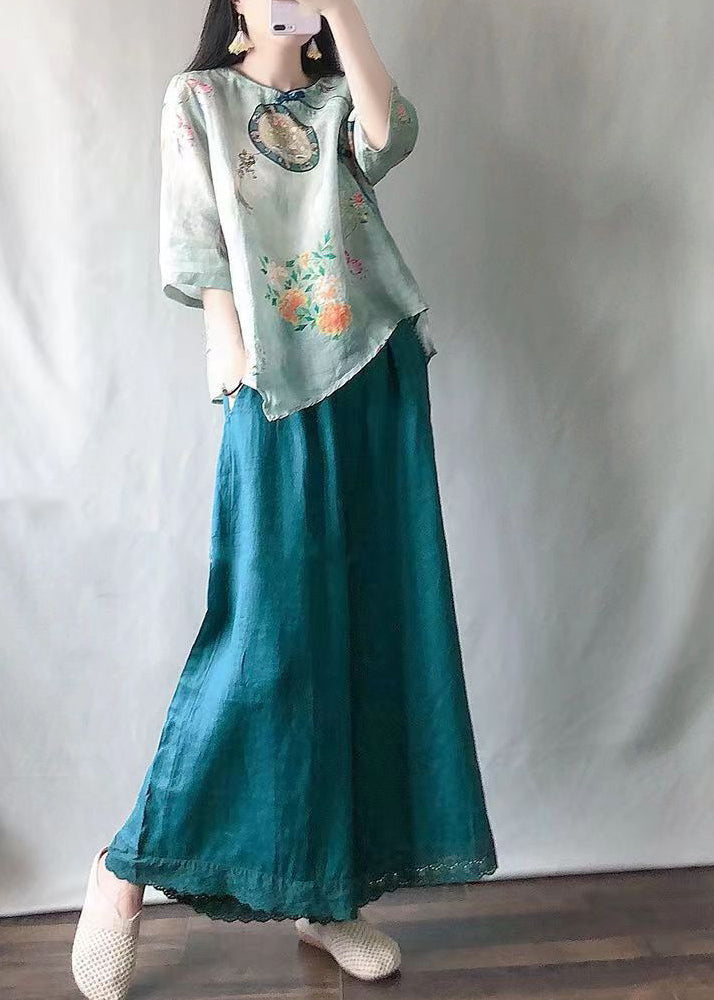 Casual Light Green O-Neck Print Shirts And Maxi Skirts Two Pieces Set Summer VV041