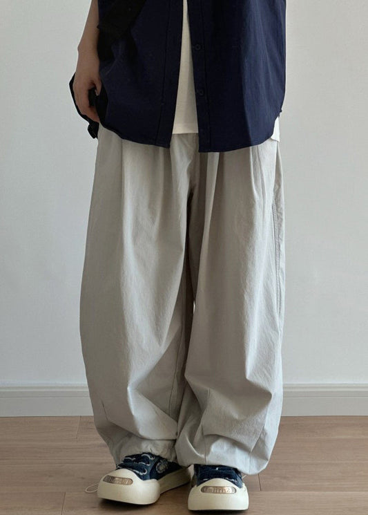 Pantalon en coton gris pour homme avec cordon de serrage, jambes larges et poches légères