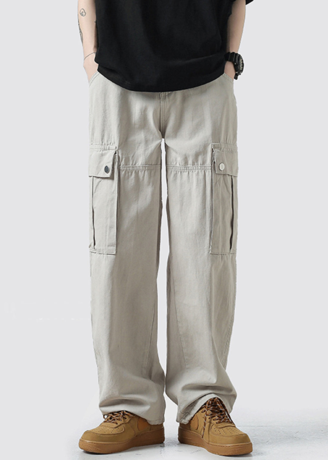 Pantalon court gris en coton léger décontracté pour homme avec poches hautes