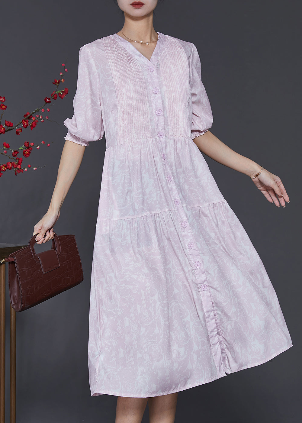 Casual Light Purple Print Wrinkled Cotton Dress Summer SD1021