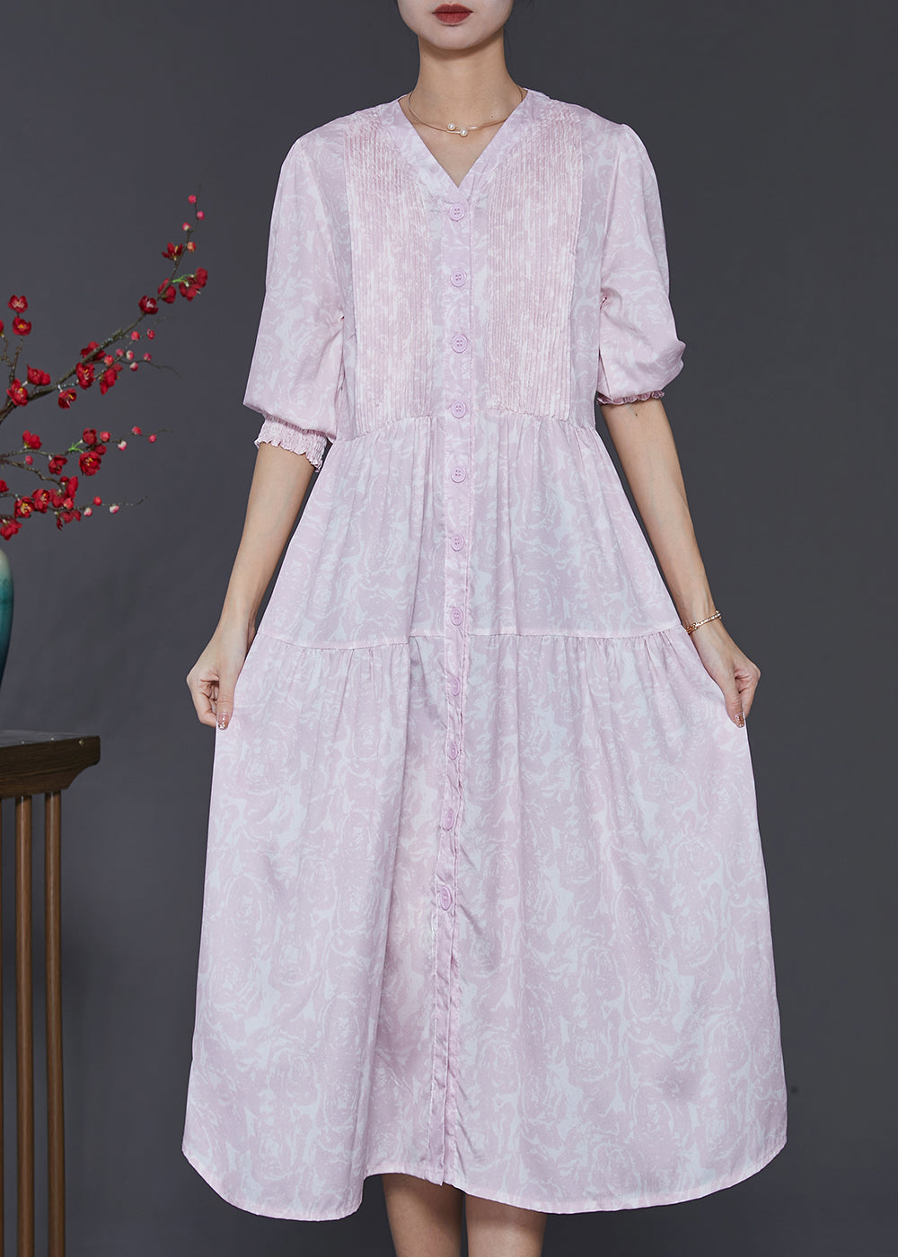 Casual Light Purple Print Wrinkled Cotton Dress Summer SD1021