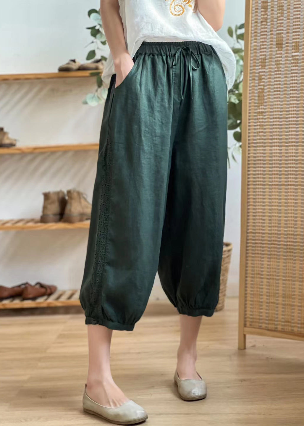 Casual Linen Color Hollow Out Pockets Elastic Waist Harem Pants Summer BV077