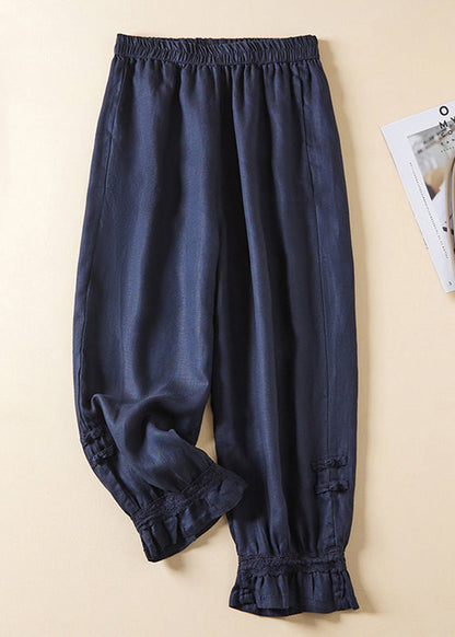 Pantalon sarouel décontracté en lin avec dentelle et boutons à taille élastique pour l'été AM1065