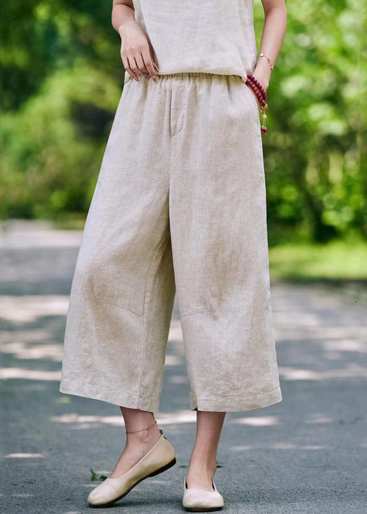 Pantalon court décontracté d'été à taille élastique et poches en lin
