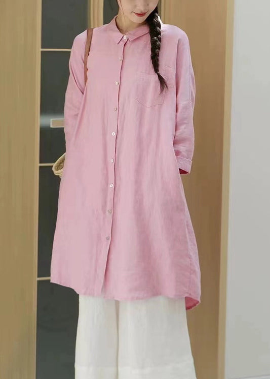 Lässiges, lockeres rosa Hemd mit Peter-Pan-Kragen aus mittlerer Baumwolle, Frühling, TJ029