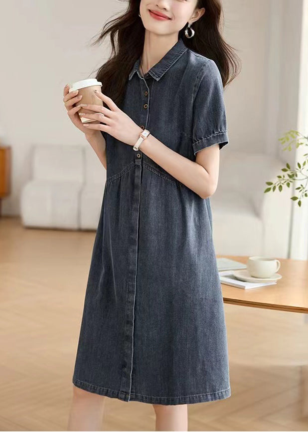 Sommerkragen Pan Peter Casual Work Denim Navy Kleid