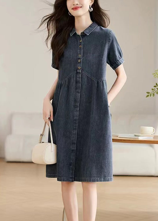 Sommerkragen Pan Peter Casual Work Denim Navy Kleid
