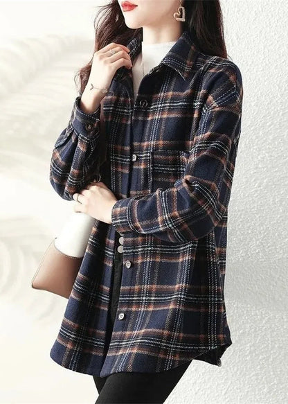 Casual Navy Peter Pan Collar Plaid Cotton Shirt Coats Spring TI034