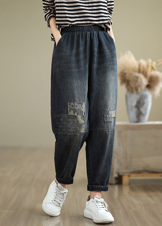 Casual Navy Pockets Applique Elastic Waist Denim Pants Fall QO079