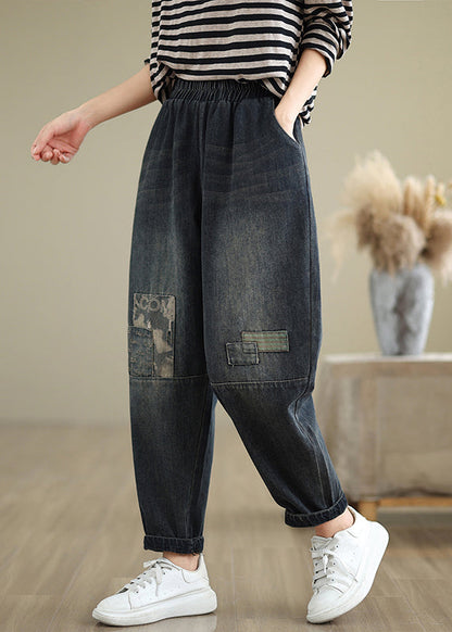 Pantalon en jean décontracté à taille élastique avec poches appliquées bleu marine pour l'automne QO079