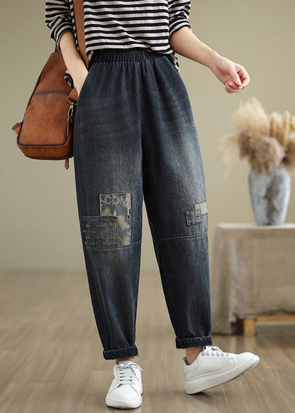 Pantalon en jean décontracté à taille élastique avec poches appliquées bleu marine pour l'automne QO079