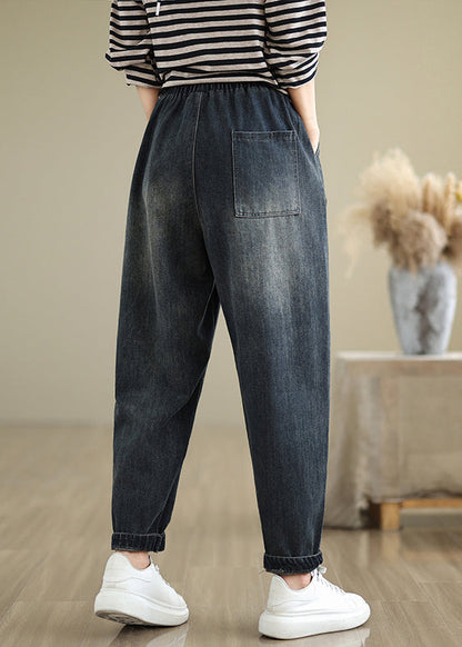 Pantalon en jean décontracté à taille élastique avec poches appliquées bleu marine pour l'automne QO079