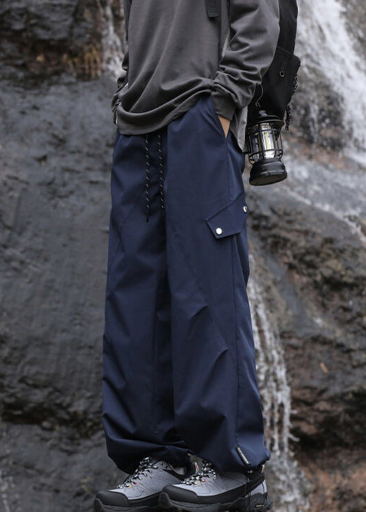 Pantalon décontracté d'automne en coton bleu marine pour homme avec poches et cordon de serrage