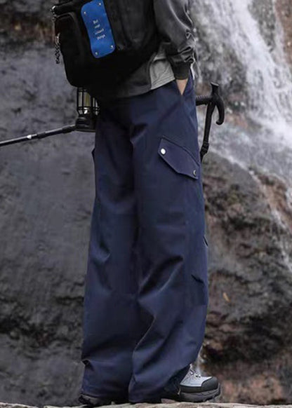Pantalon décontracté d'automne en coton bleu marine pour homme avec poches et cordon de serrage