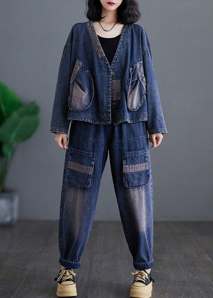 Ensemble deux pièces décontracté en denim bleu marine à col en V et pantalon sarouel à manches longues AP032