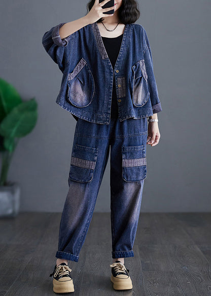 Ensemble deux pièces décontracté en denim bleu marine à col en V et pantalon sarouel à manches longues AP032