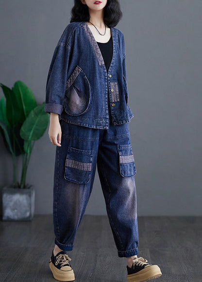 Ensemble deux pièces décontracté en denim bleu marine à col en V et pantalon sarouel à manches longues AP032