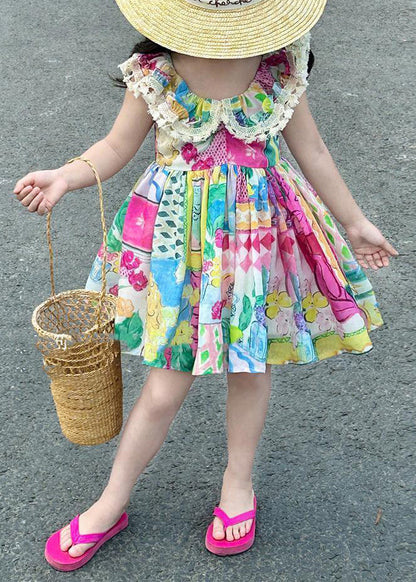 Robe mi-longue décontractée à col rond et imprimé patchwork en coton pour enfants, sans manches, EW014