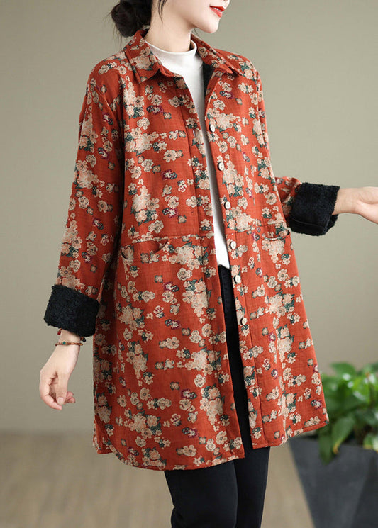 Lässiger oranger Peter-Pan-Kragen-Druck, warmer Fleece-Shirt-Mantel, Frühling, TI017