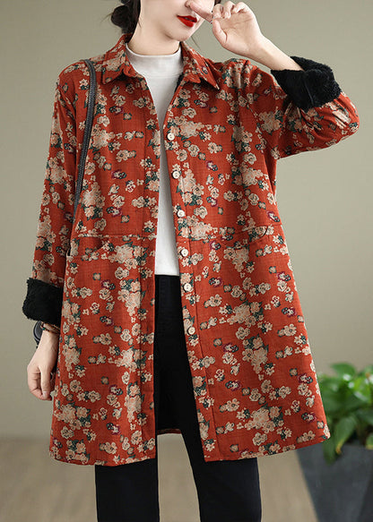 Lässiger oranger Peter-Pan-Kragen-Druck, warmer Fleece-Shirt-Mantel, Frühling, TI017