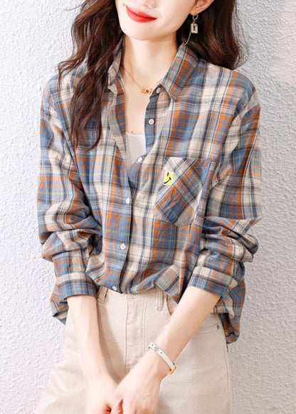 Casual Peter Pan Collar Plaid Cotton Shirts Top Spring TH036