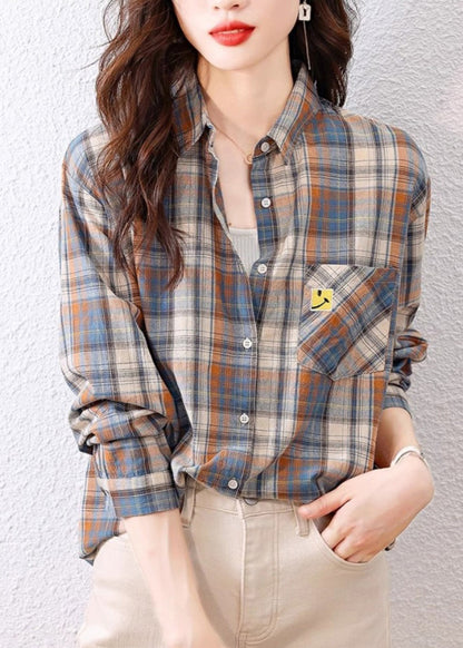 Casual Peter Pan Collar Plaid Cotton Shirts Top Spring TH036