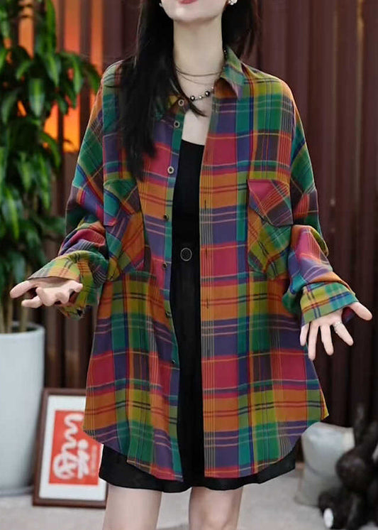 Casual Peter Pan Collar Pockets Plaid Cotton Shirts Coats Fall QI037