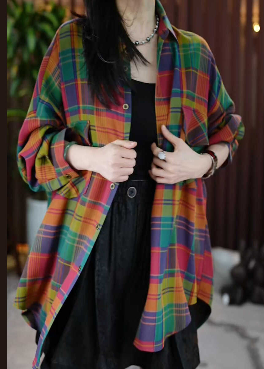 Casual Peter Pan Collar Pockets Plaid Cotton Shirts Coats Fall QI037