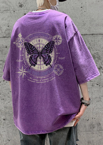 Half T Butterfly Casual Men Cotton Print Shirt Pink Oversized