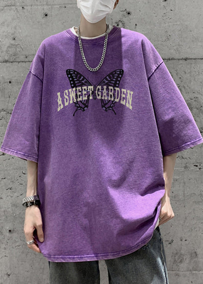 Half T Butterfly Casual Men Cotton Print Shirt Pink Oversized