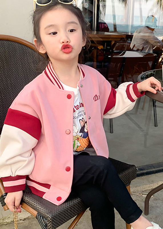 Casual Pink O-Neck Patchwork Kids Coat Fall QV033