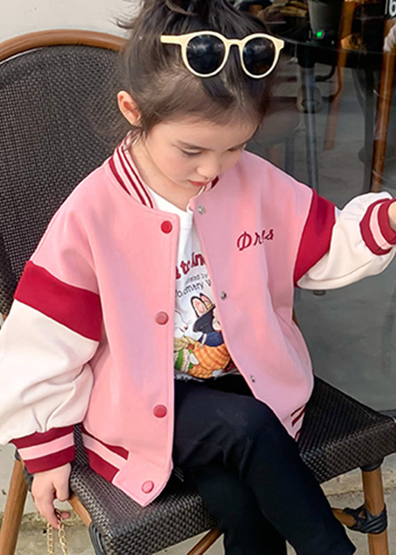 Casual Pink O-Neck Patchwork Kids Coat Fall QV033