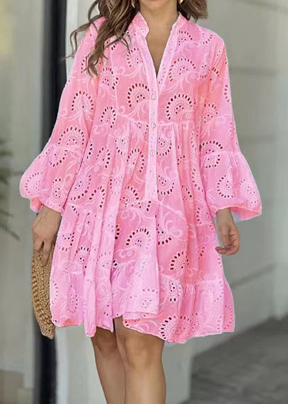 Cotton Dress Summer Oversized Sun Pink Hollow Out Casual