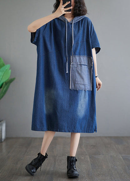 Robe décontractée en jean patchwork à capuche bleue grande taille pour l'été AP074