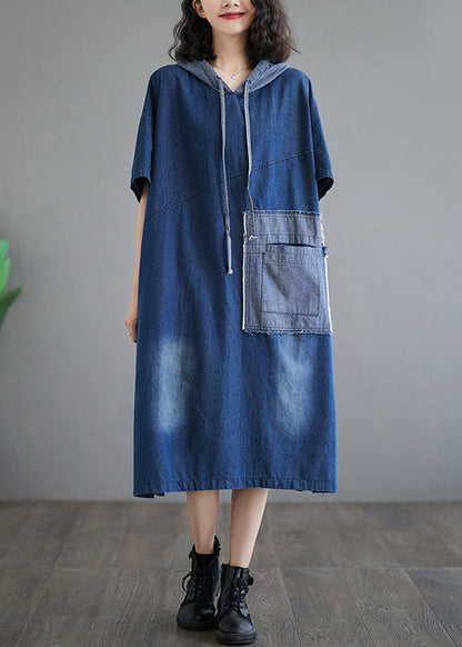 Robe décontractée en jean patchwork à capuche bleue grande taille pour l'été AP074