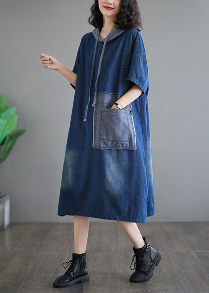 Robe décontractée en jean patchwork à capuche bleue grande taille pour l'été AP074