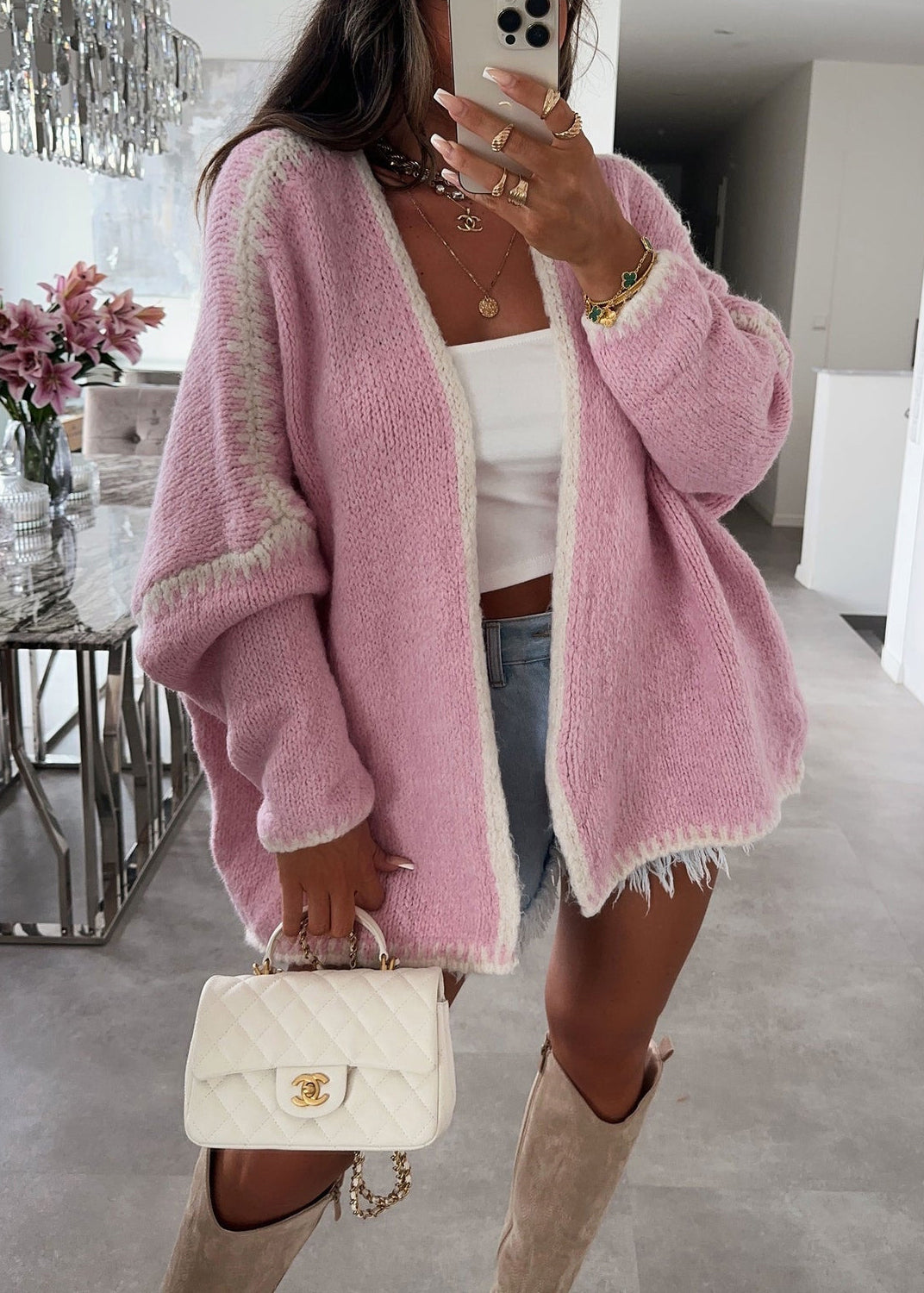 Casual Plus Size Pink V Neck Knit Loose Cardigans Fall QY026