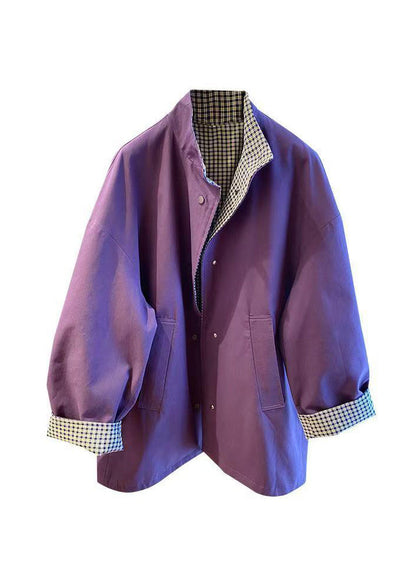 Casual Purple Stand Collar Wear On Both Sides Cotton Jacket Fall WN020