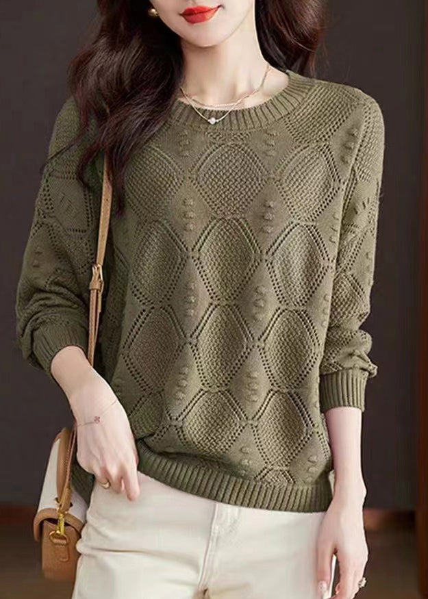 Casual Rose O-Neck Hollow Out Cotton Knitted Sweaters Fall WR046