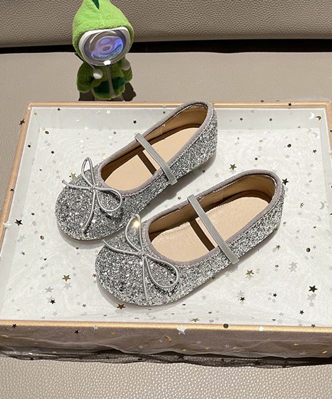 Lässige silberne Mädchen flache Schuhe mit Spitze und Schleife