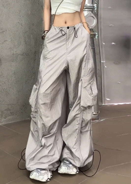 Pantalon d'été décontracté argenté avec cordon de serrage et poches