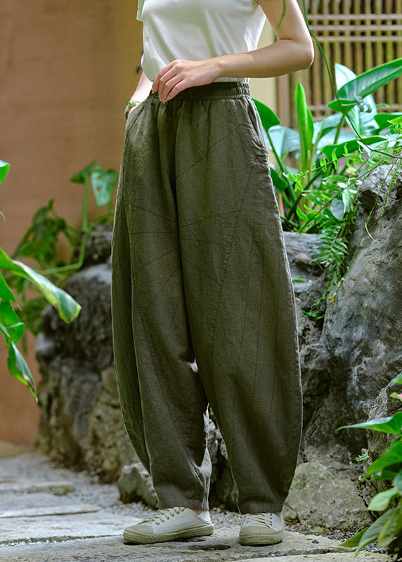 Casual Simple Yellow Pockets Elastic Waist Linen Pants Summer QK009