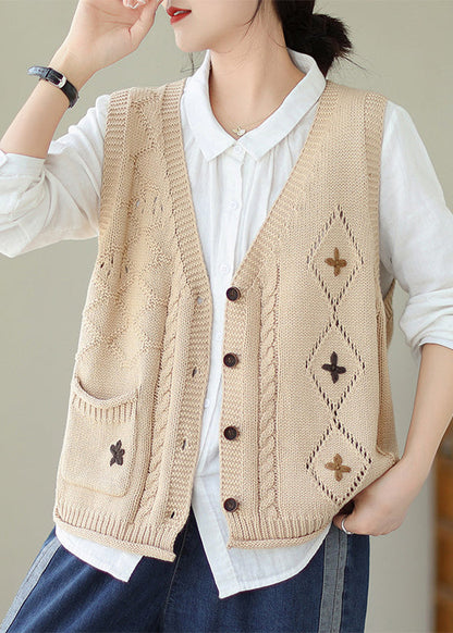 Gilet en tricot brodé beige polyvalent et décontracté à col en V pour l'automne QA034