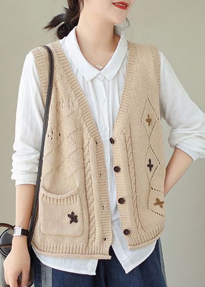 Gilet en tricot brodé beige polyvalent et décontracté à col en V pour l'automne QA034