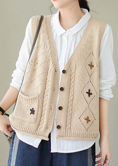 Gilet en tricot brodé beige polyvalent et décontracté à col en V pour l'automne QA034