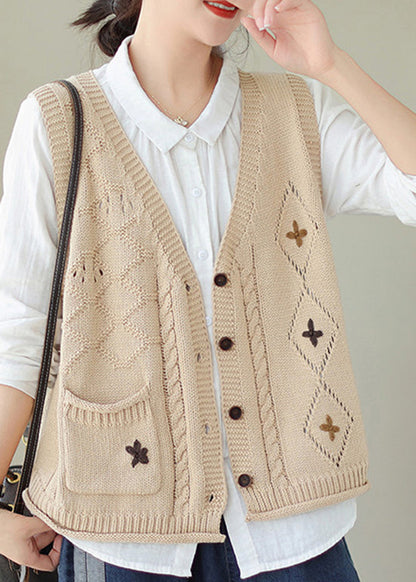 Gilet en tricot brodé beige polyvalent et décontracté à col en V pour l'automne QA034