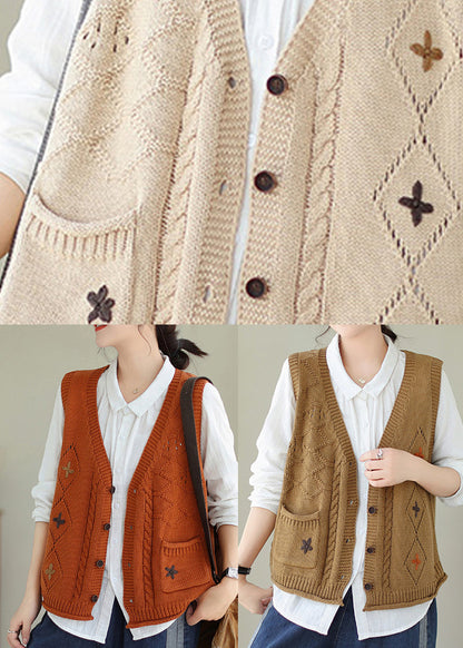 Gilet en tricot brodé beige polyvalent et décontracté à col en V pour l'automne QA034